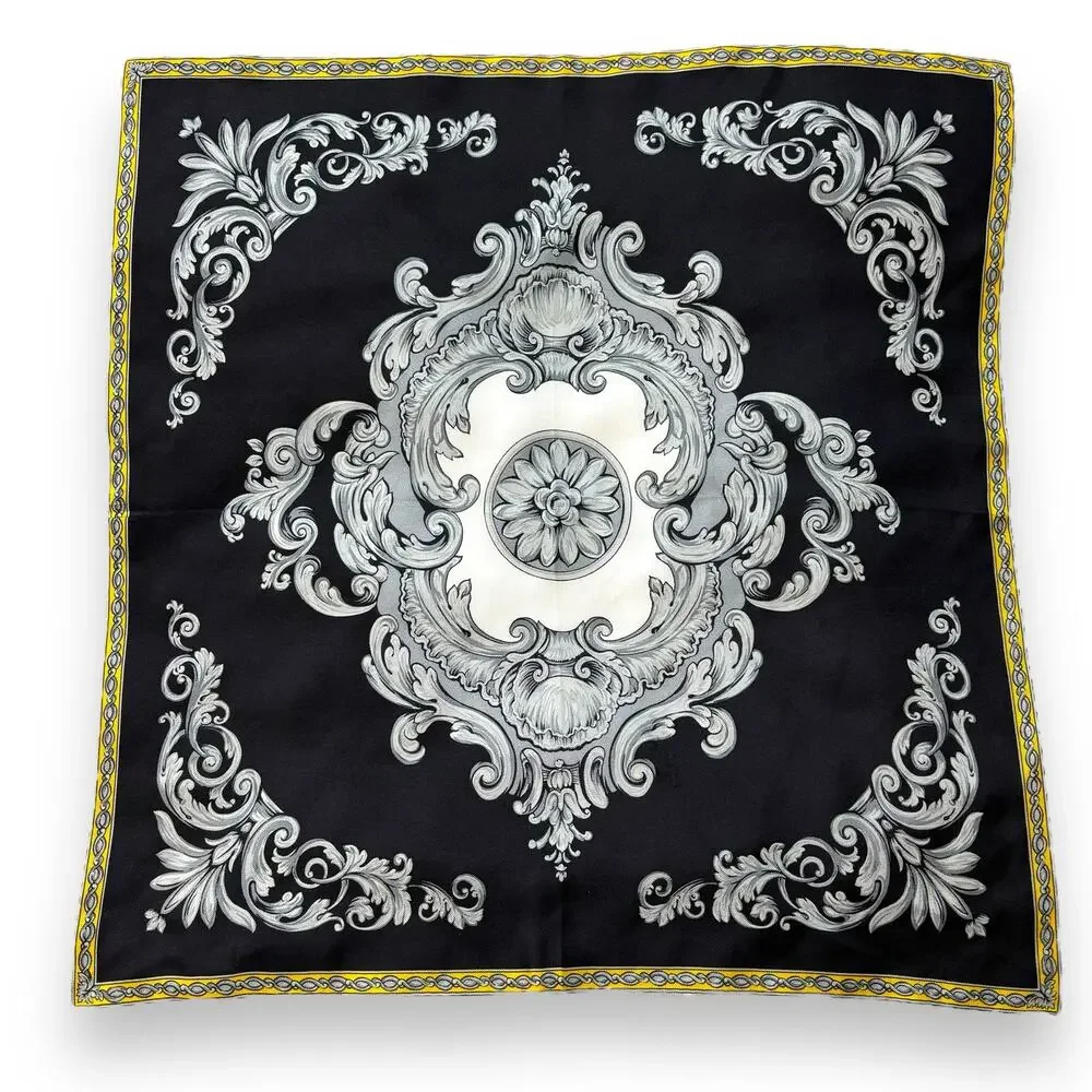 Ann Taylor Black and Gray Square Silk Scarf with Gold Trim